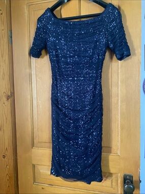 Ralph Lauren Navy Sequin Ruched Boatneck Midi Dress